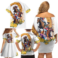 Melbourne Cup Australia Family Matching Off Shoulder Short Dress and Hawaiian Shirt Horse Racing Horseshoe Mix Yellow Roses - Wonder Print Shop