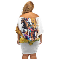 Melbourne Cup Australia Family Matching Off Shoulder Short Dress and Hawaiian Shirt Horse Racing Horseshoe Mix Yellow Roses - Wonder Print Shop