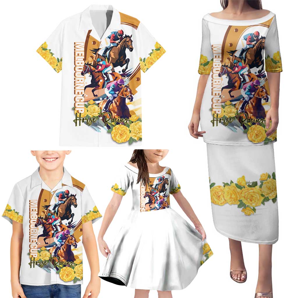 Melbourne Cup Australia Family Matching Puletasi and Hawaiian Shirt Horse Racing Horseshoe Mix Yellow Roses - Wonder Print Shop
