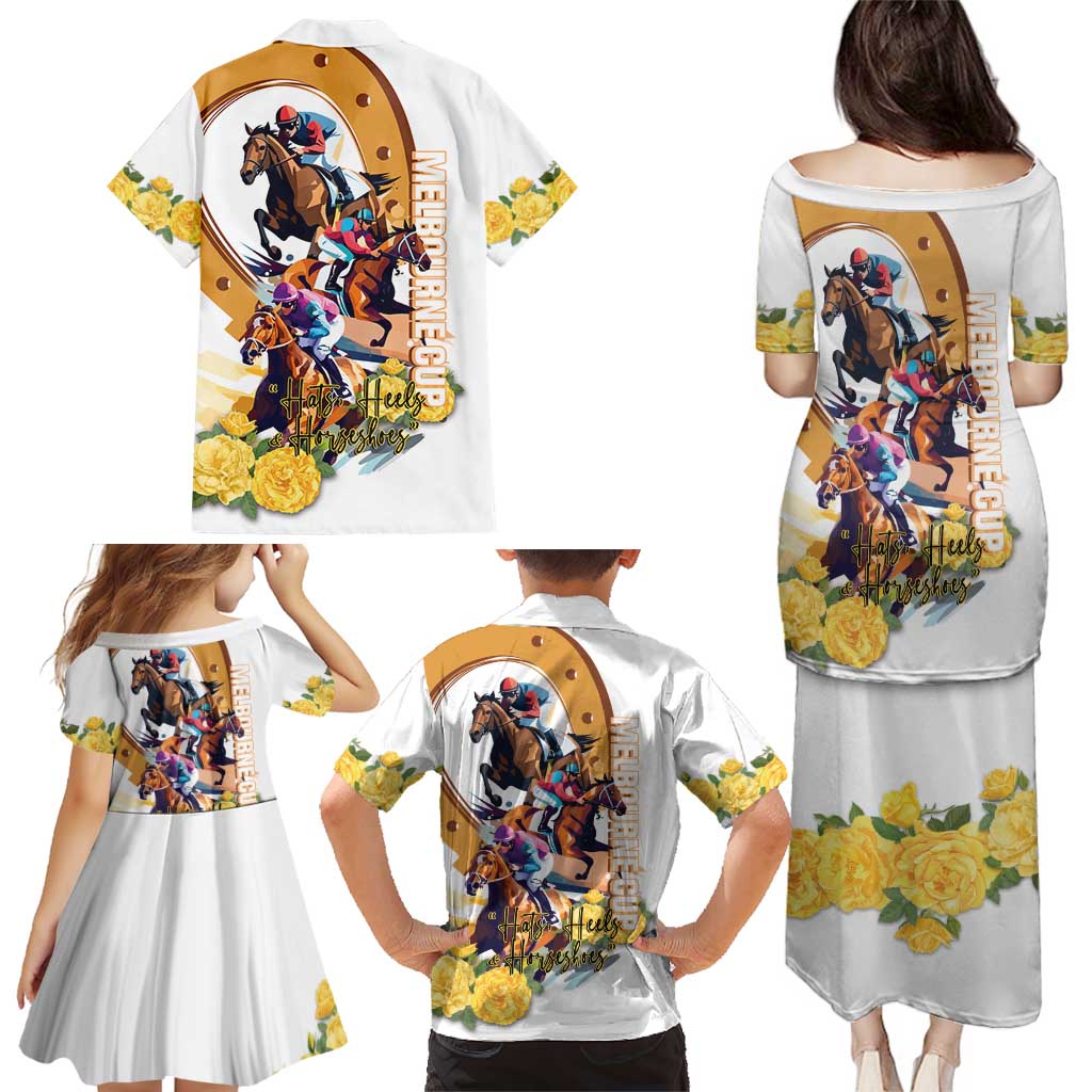 Melbourne Cup Australia Family Matching Puletasi and Hawaiian Shirt Horse Racing Horseshoe Mix Yellow Roses - Wonder Print Shop