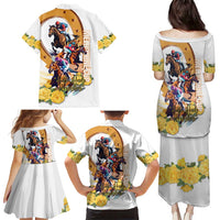 Melbourne Cup Australia Family Matching Puletasi and Hawaiian Shirt Horse Racing Horseshoe Mix Yellow Roses - Wonder Print Shop