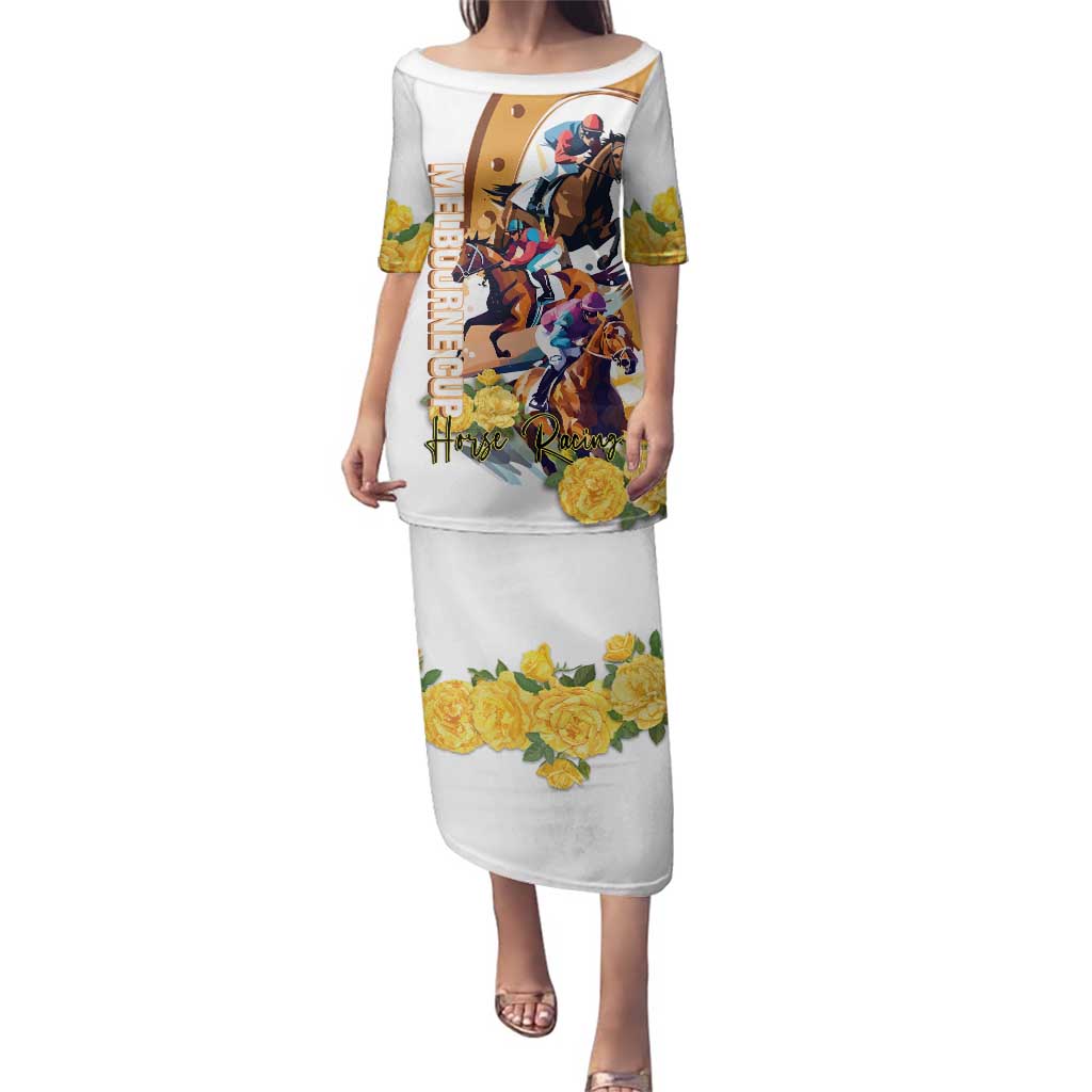Melbourne Cup Australia Family Matching Puletasi and Hawaiian Shirt Horse Racing Horseshoe Mix Yellow Roses - Wonder Print Shop