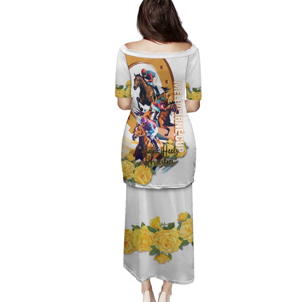 Melbourne Cup Australia Family Matching Puletasi and Hawaiian Shirt Horse Racing Horseshoe Mix Yellow Roses - Wonder Print Shop