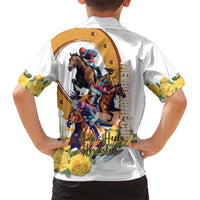 Melbourne Cup Australia Family Matching Short Sleeve Bodycon Dress and Hawaiian Shirt Horse Racing Horseshoe Mix Yellow Roses - Wonder Print Shop