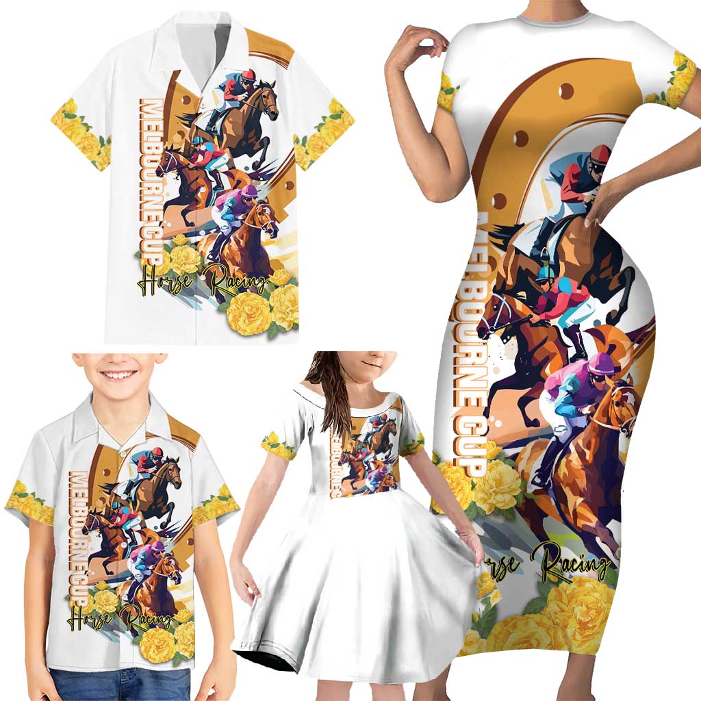 Melbourne Cup Australia Family Matching Short Sleeve Bodycon Dress and Hawaiian Shirt Horse Racing Horseshoe Mix Yellow Roses - Wonder Print Shop