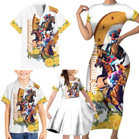 Melbourne Cup Australia Family Matching Short Sleeve Bodycon Dress and Hawaiian Shirt Horse Racing Horseshoe Mix Yellow Roses - Wonder Print Shop