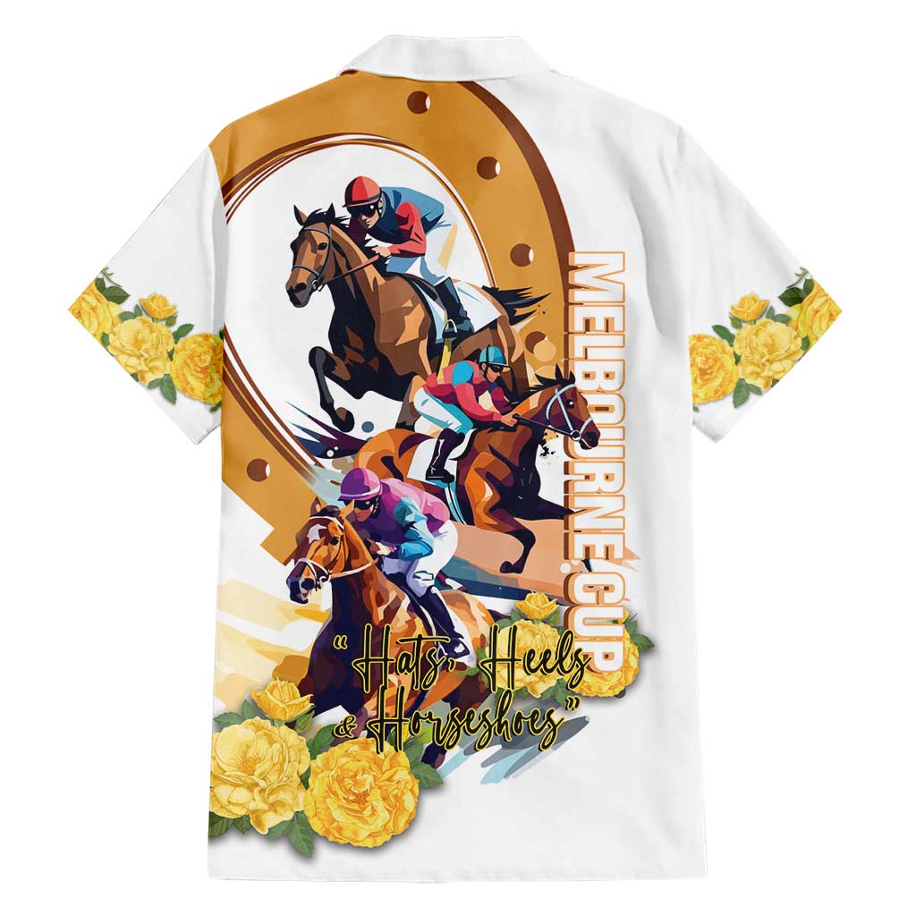 Melbourne Cup Australia Family Matching Short Sleeve Bodycon Dress and Hawaiian Shirt Horse Racing Horseshoe Mix Yellow Roses - Wonder Print Shop