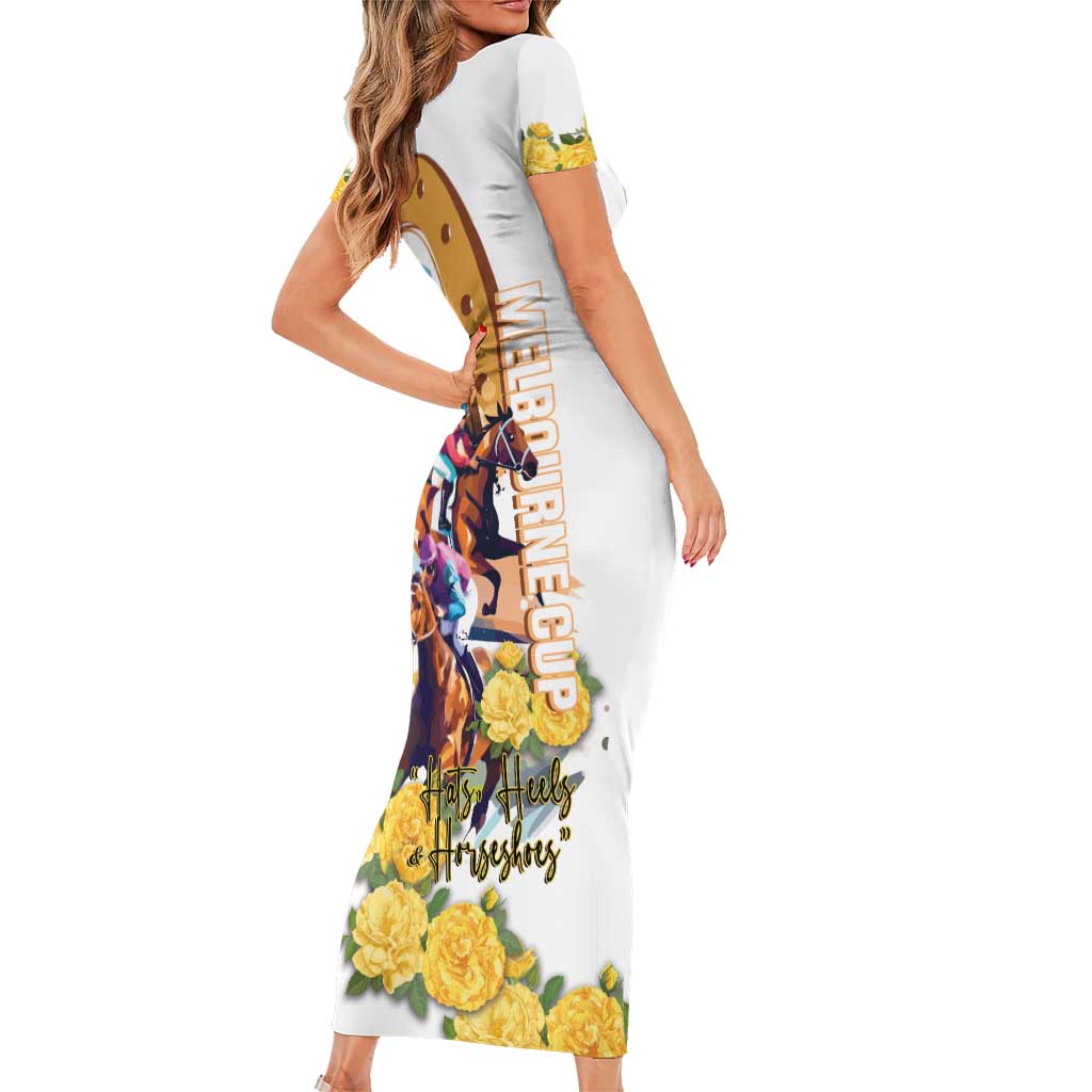 Melbourne Cup Australia Family Matching Short Sleeve Bodycon Dress and Hawaiian Shirt Horse Racing Horseshoe Mix Yellow Roses - Wonder Print Shop
