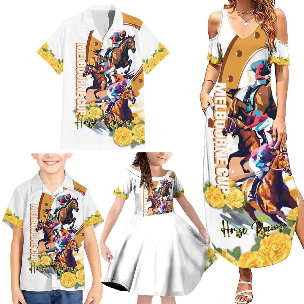 Melbourne Cup Australia Family Matching Summer Maxi Dress and Hawaiian Shirt Horse Racing Horseshoe Mix Yellow Roses - Wonder Print Shop