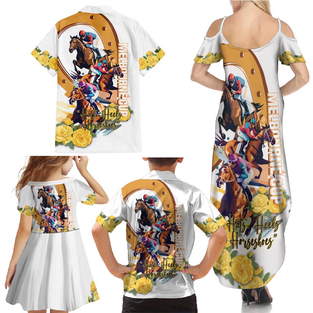 Melbourne Cup Australia Family Matching Summer Maxi Dress and Hawaiian Shirt Horse Racing Horseshoe Mix Yellow Roses - Wonder Print Shop