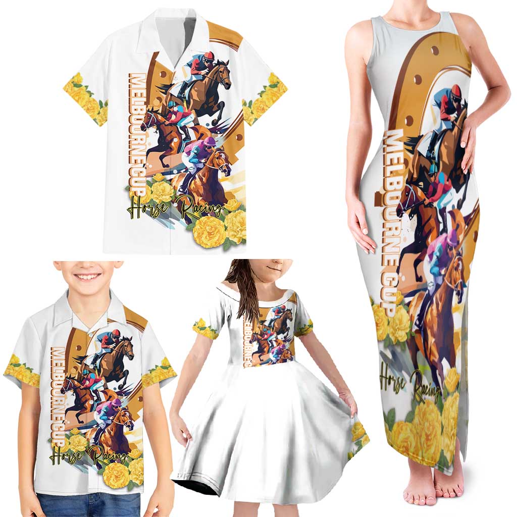 Melbourne Cup Australia Family Matching Tank Maxi Dress and Hawaiian Shirt Horse Racing Horseshoe Mix Yellow Roses - Wonder Print Shop