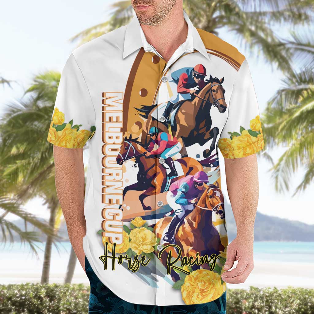 Melbourne Cup Australia Hawaiian Shirt Horse Racing Horseshoe Mix Yellow Roses - Wonder Print Shop