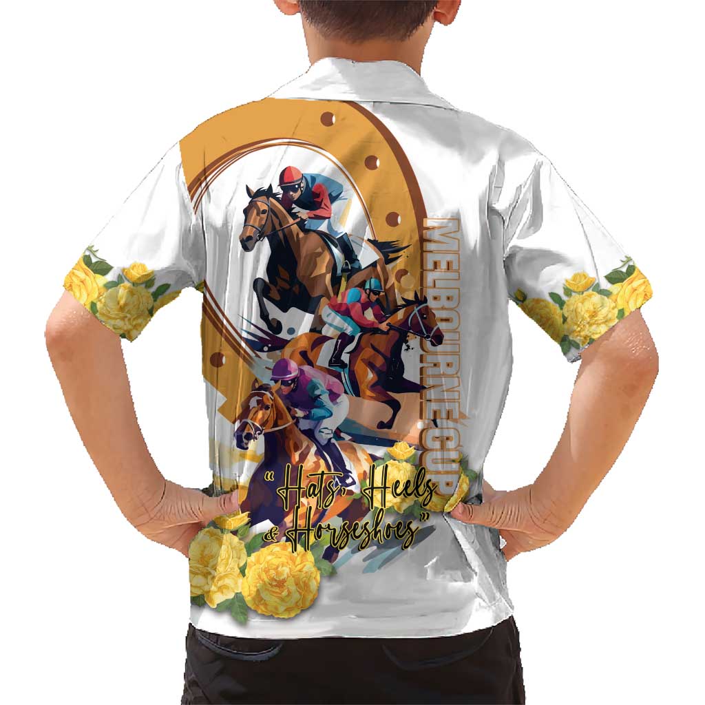 Melbourne Cup Australia Kid Hawaiian Shirt Horse Racing Horseshoe Mix Yellow Roses - Wonder Print Shop