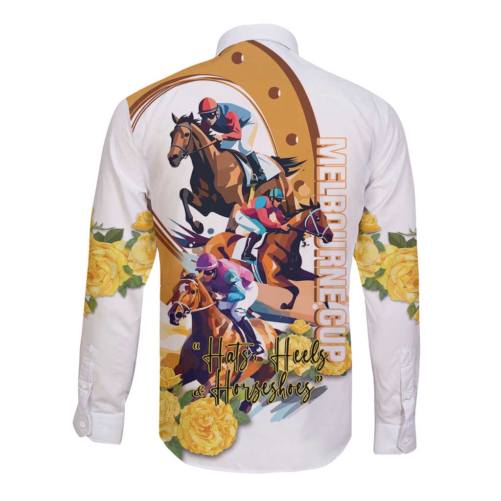 Melbourne Cup Australia Long Sleeve Button Shirt Horse Racing Horseshoe Mix Yellow Roses - Wonder Print Shop
