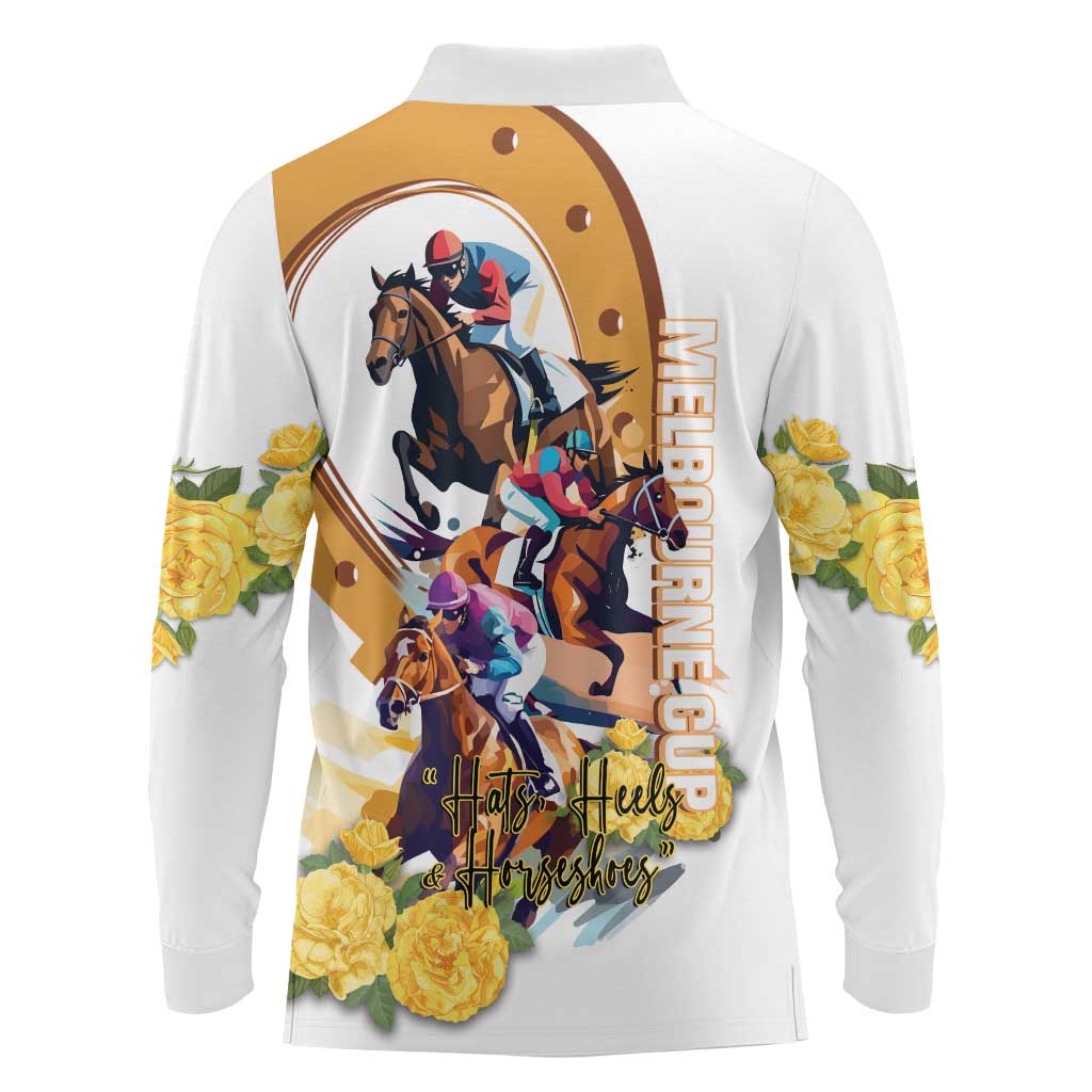 Melbourne Cup Australia Long Sleeve Polo Shirt Horse Racing Horseshoe Mix Yellow Roses - Wonder Print Shop