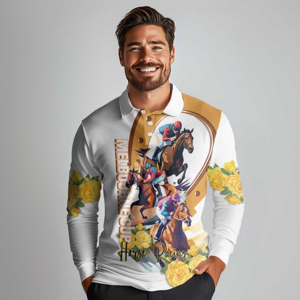 Melbourne Cup Australia Long Sleeve Polo Shirt Horse Racing Horseshoe Mix Yellow Roses - Wonder Print Shop