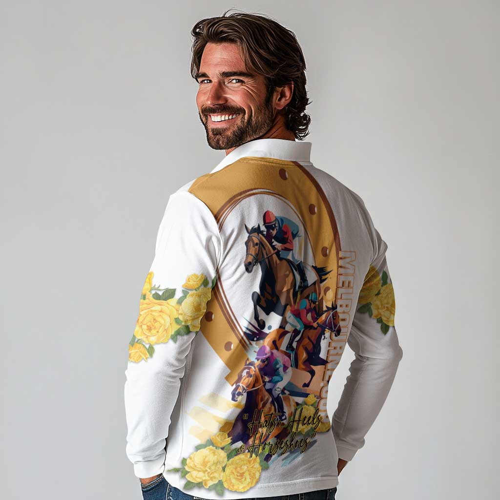 Melbourne Cup Australia Long Sleeve Polo Shirt Horse Racing Horseshoe Mix Yellow Roses - Wonder Print Shop