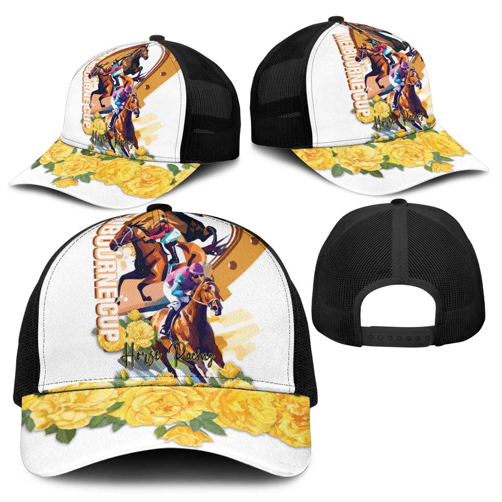 Melbourne Cup Australia Mesh Trucker Cap Horse Racing Horseshoe Mix Yellow Roses - Wonder Print Shop