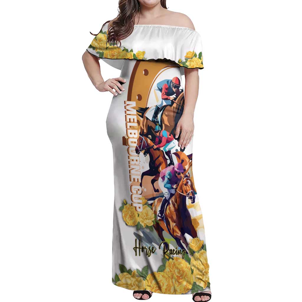 Melbourne Cup Australia Off Shoulder Maxi Dress Horse Racing Horseshoe Mix Yellow Roses - Wonder Print Shop