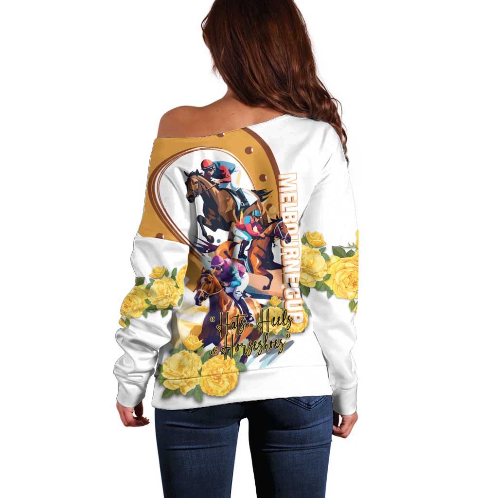 Melbourne Cup Australia Off Shoulder Sweater Horse Racing Horseshoe Mix Yellow Roses - Wonder Print Shop