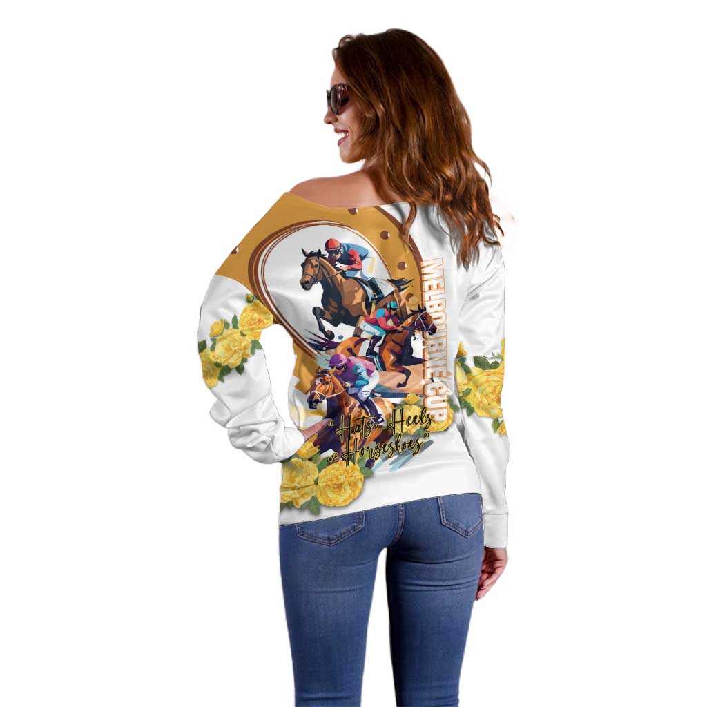 Melbourne Cup Australia Off Shoulder Sweater Horse Racing Horseshoe Mix Yellow Roses - Wonder Print Shop