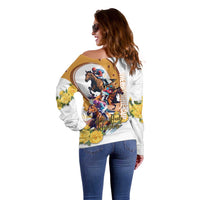 Melbourne Cup Australia Off Shoulder Sweater Horse Racing Horseshoe Mix Yellow Roses - Wonder Print Shop