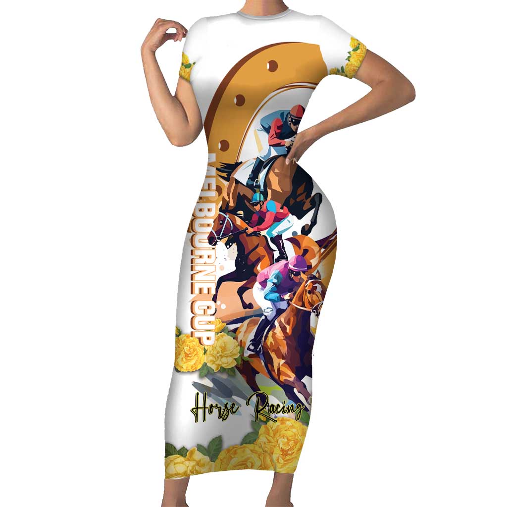 Melbourne Cup Australia Short Sleeve Bodycon Dress Horse Racing Horseshoe Mix Yellow Roses - Wonder Print Shop