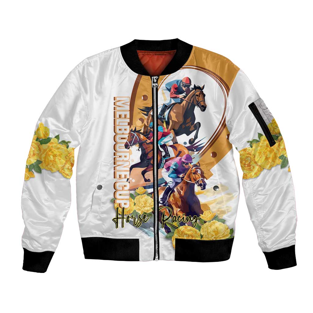Melbourne Cup Australia Sleeve Zip Bomber Jacket Horse Racing Horseshoe Mix Yellow Roses - Wonder Print Shop