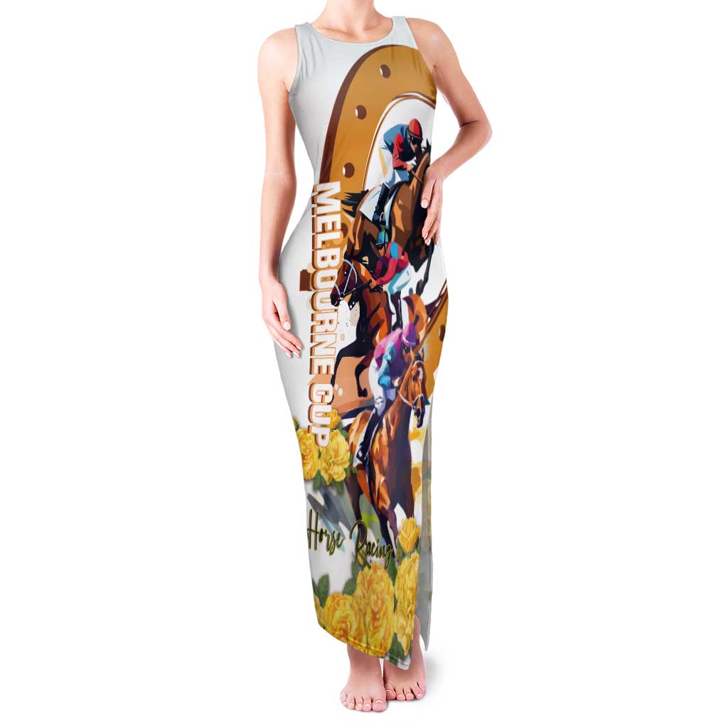 Melbourne Cup Australia Tank Maxi Dress Horse Racing Horseshoe Mix Yellow Roses - Wonder Print Shop