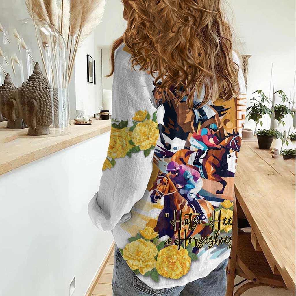 Melbourne Cup Australia Women Casual Shirt Horse Racing Horseshoe Mix Yellow Roses - Wonder Print Shop