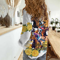 Melbourne Cup Australia Women Casual Shirt Horse Racing Horseshoe Mix Yellow Roses - Wonder Print Shop