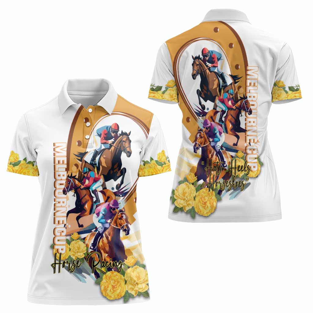 Melbourne Cup Australia Women Polo Shirt Horse Racing Horseshoe Mix Yellow Roses - Wonder Print Shop