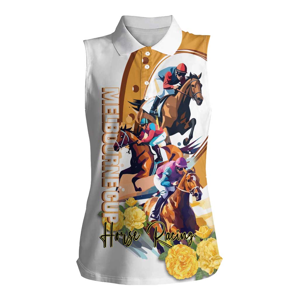 Melbourne Cup Australia Women Sleeveless Polo Shirt Horse Racing Horseshoe Mix Yellow Roses - Wonder Print Shop