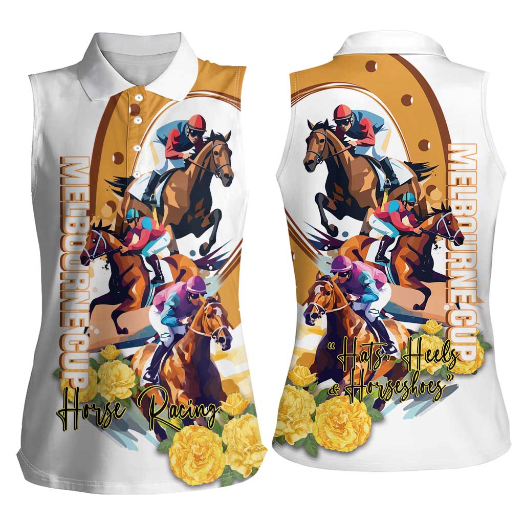 Melbourne Cup Australia Women Sleeveless Polo Shirt Horse Racing Horseshoe Mix Yellow Roses - Wonder Print Shop