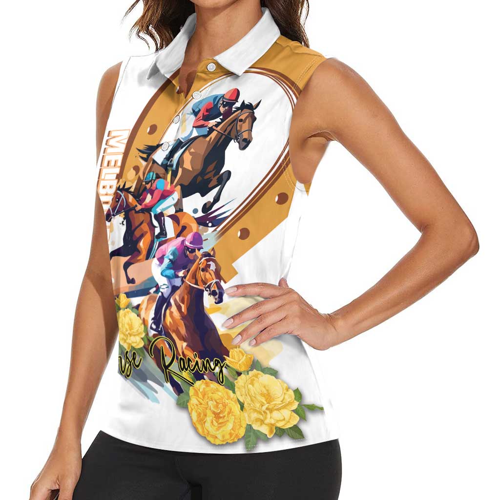 Melbourne Cup Australia Women Sleeveless Polo Shirt Horse Racing Horseshoe Mix Yellow Roses - Wonder Print Shop