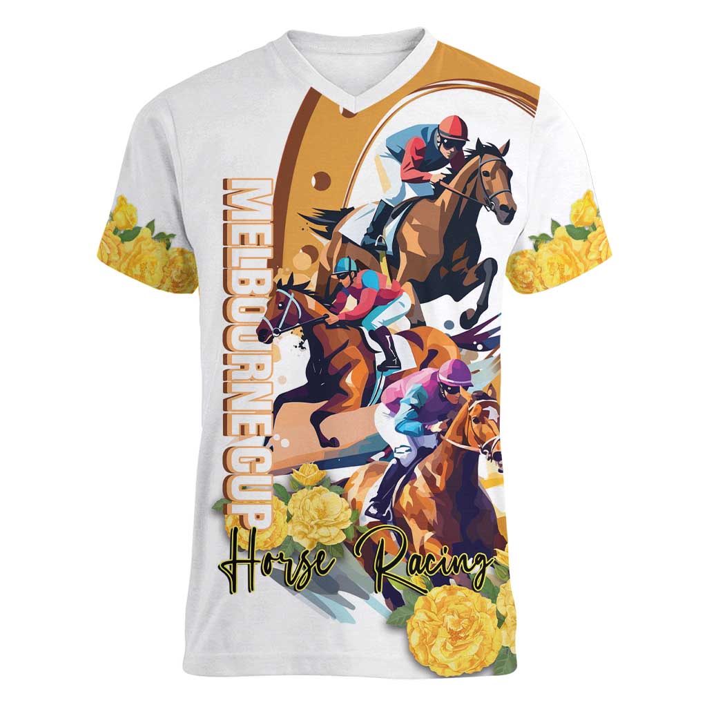 Melbourne Cup Australia Women V-Neck T-Shirt Horse Racing Horseshoe Mix Yellow Roses - Wonder Print Shop