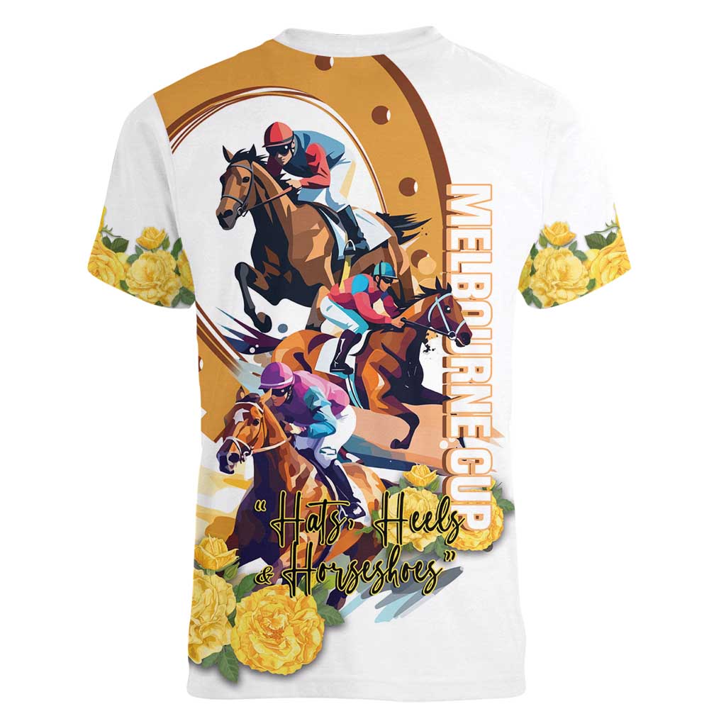 Melbourne Cup Australia Women V-Neck T-Shirt Horse Racing Horseshoe Mix Yellow Roses - Wonder Print Shop