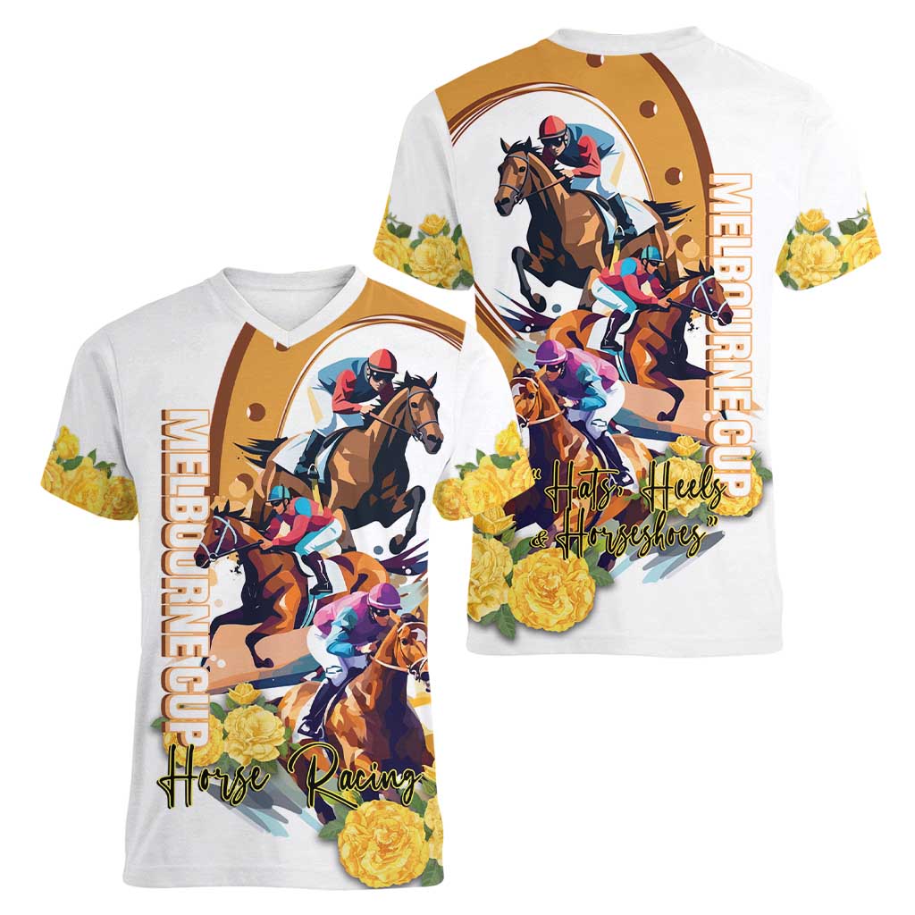 Melbourne Cup Australia Women V-Neck T-Shirt Horse Racing Horseshoe Mix Yellow Roses - Wonder Print Shop