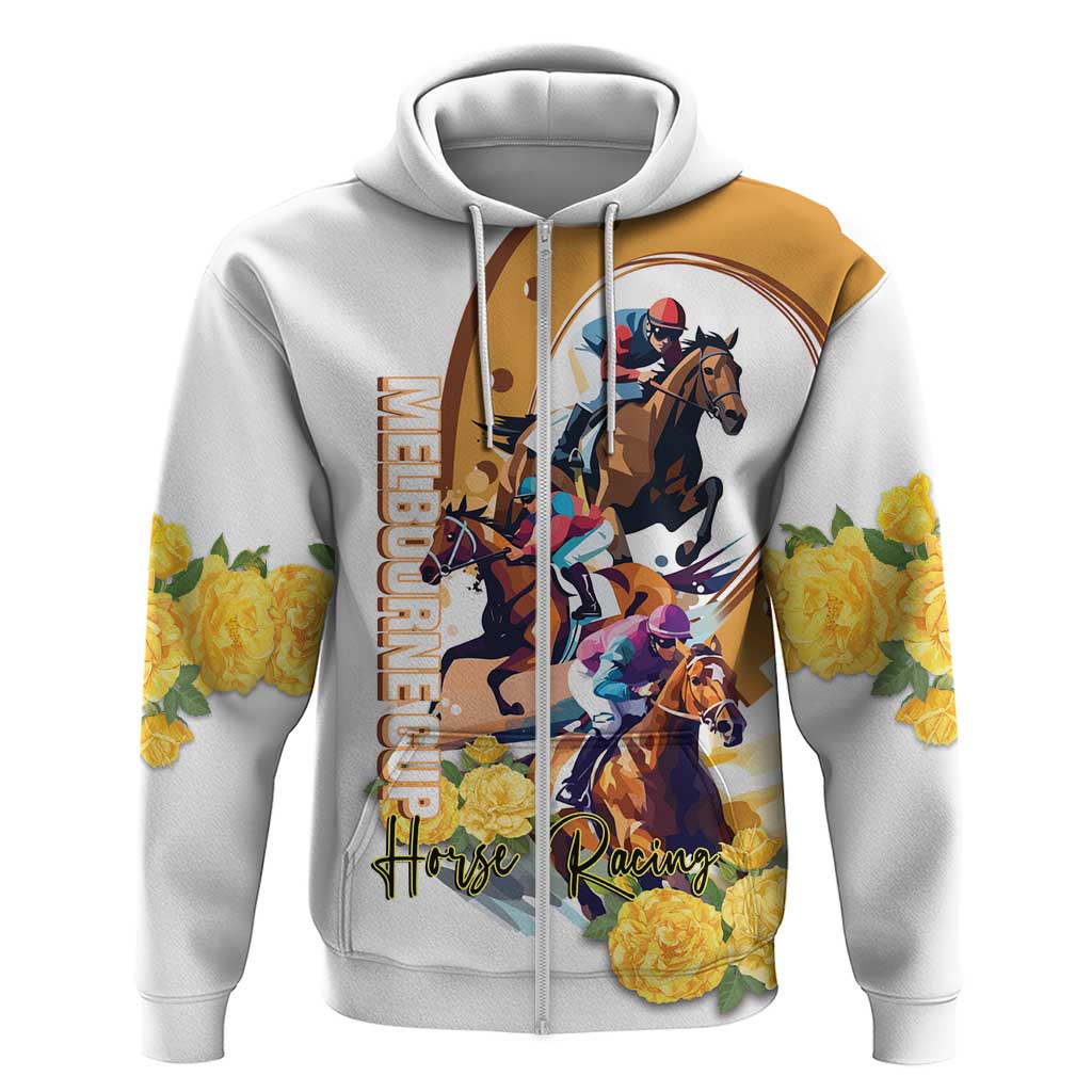 Melbourne Cup Australia Zip Hoodie Horse Racing Horseshoe Mix Yellow Roses - Wonder Print Shop