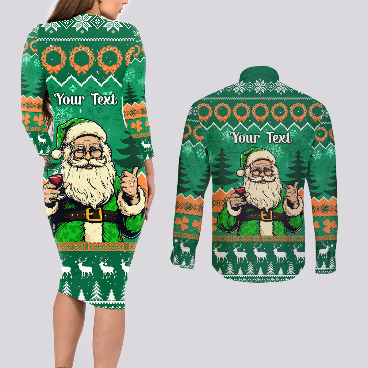 Personalised Ireland Christmas Couples Matching Long Sleeve Bodycon Dress and Long Sleeve Button Shirt Irish Santa Claus Nollaig Shona Duit - Wonder Print Shop