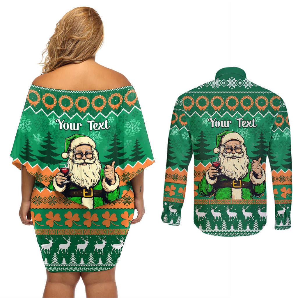 Personalised Ireland Christmas Couples Matching Off Shoulder Short Dress and Long Sleeve Button Shirt Irish Santa Claus Nollaig Shona Duit - Wonder Print Shop