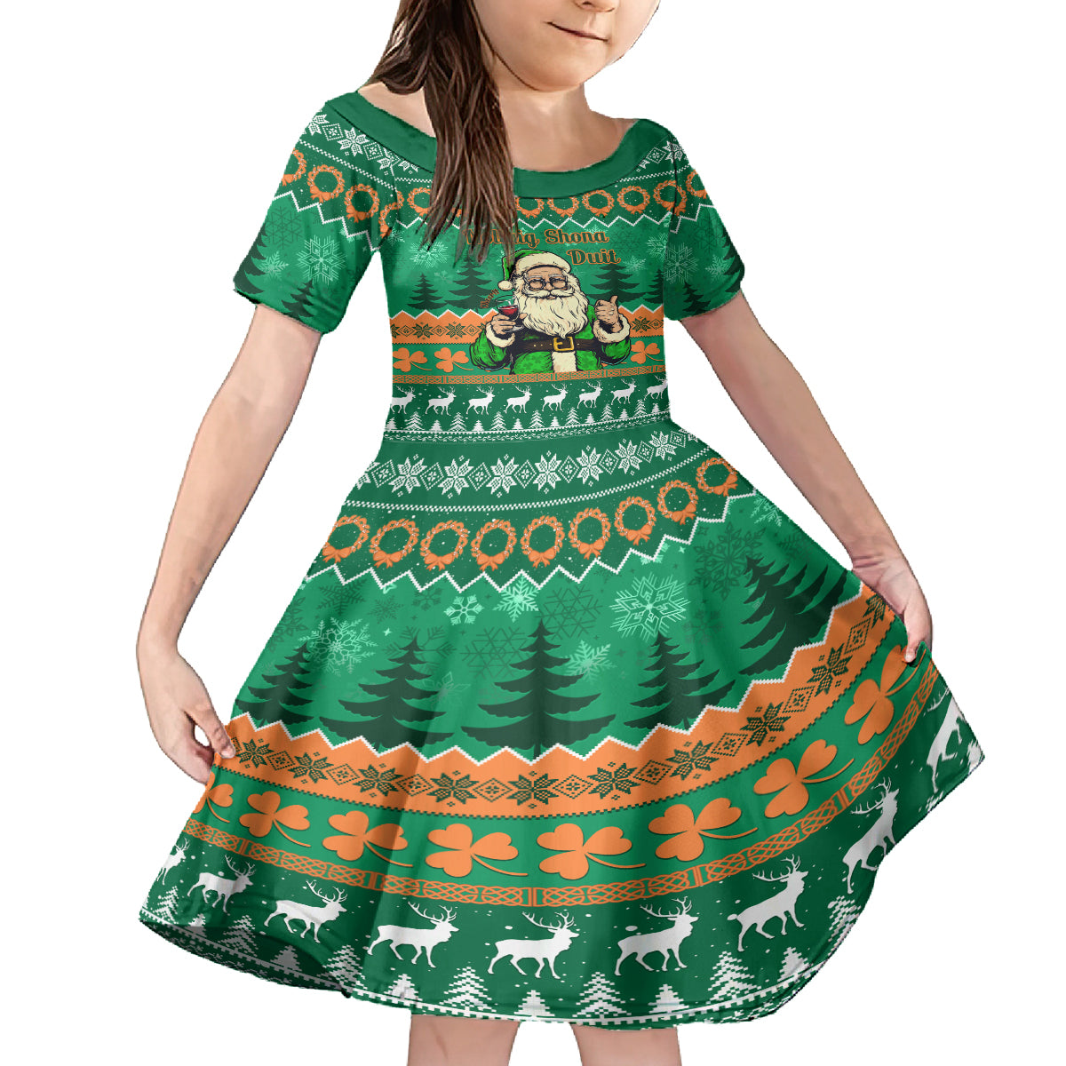 Personalised Ireland Christmas Family Matching Off Shoulder Long Sleeve Dress and Hawaiian Shirt Irish Santa Claus Nollaig Shona Duit - Wonder Print Shop