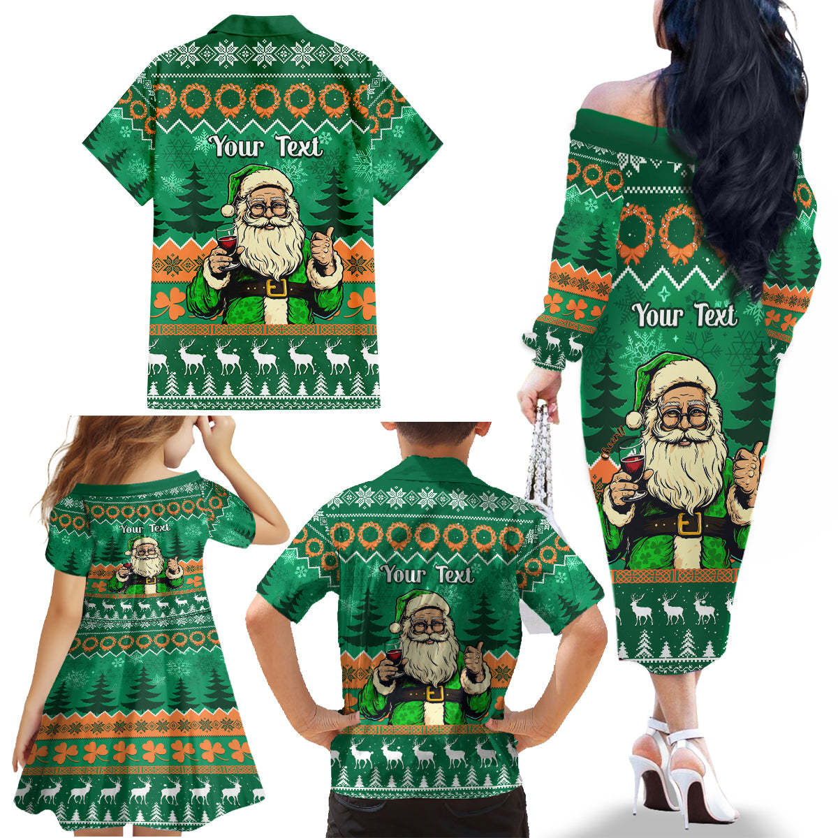 Personalised Ireland Christmas Family Matching Off Shoulder Long Sleeve Dress and Hawaiian Shirt Irish Santa Claus Nollaig Shona Duit - Wonder Print Shop