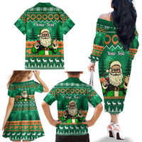 Personalised Ireland Christmas Family Matching Off Shoulder Long Sleeve Dress and Hawaiian Shirt Irish Santa Claus Nollaig Shona Duit - Wonder Print Shop