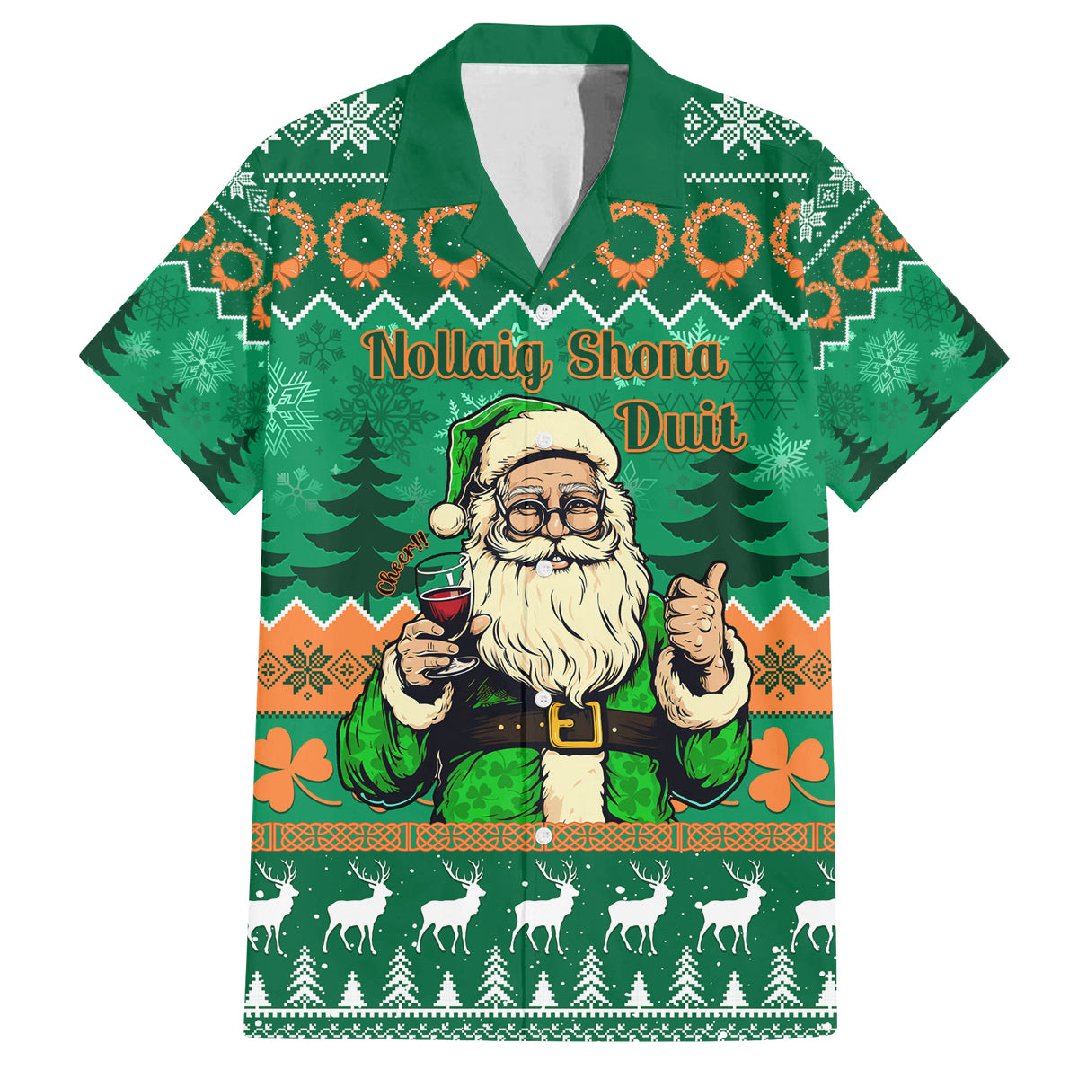 Personalised Ireland Christmas Family Matching Off Shoulder Long Sleeve Dress and Hawaiian Shirt Irish Santa Claus Nollaig Shona Duit - Wonder Print Shop