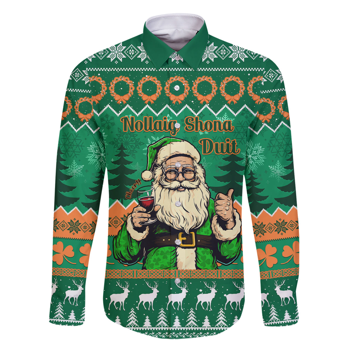 Personalised Ireland Christmas Family Matching Off Shoulder Long Sleeve Dress and Hawaiian Shirt Irish Santa Claus Nollaig Shona Duit - Wonder Print Shop