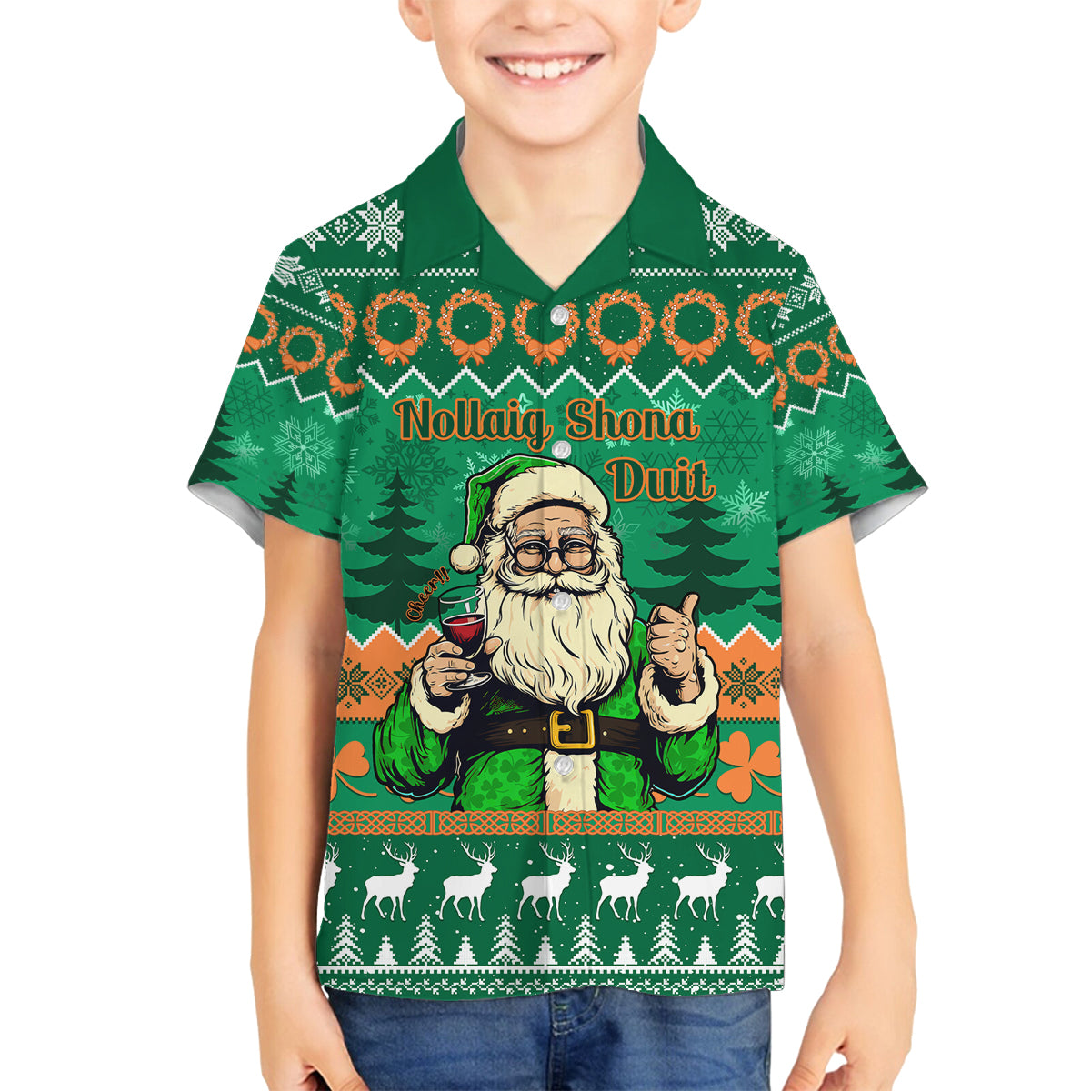 Personalised Ireland Christmas Family Matching Off Shoulder Long Sleeve Dress and Hawaiian Shirt Irish Santa Claus Nollaig Shona Duit - Wonder Print Shop