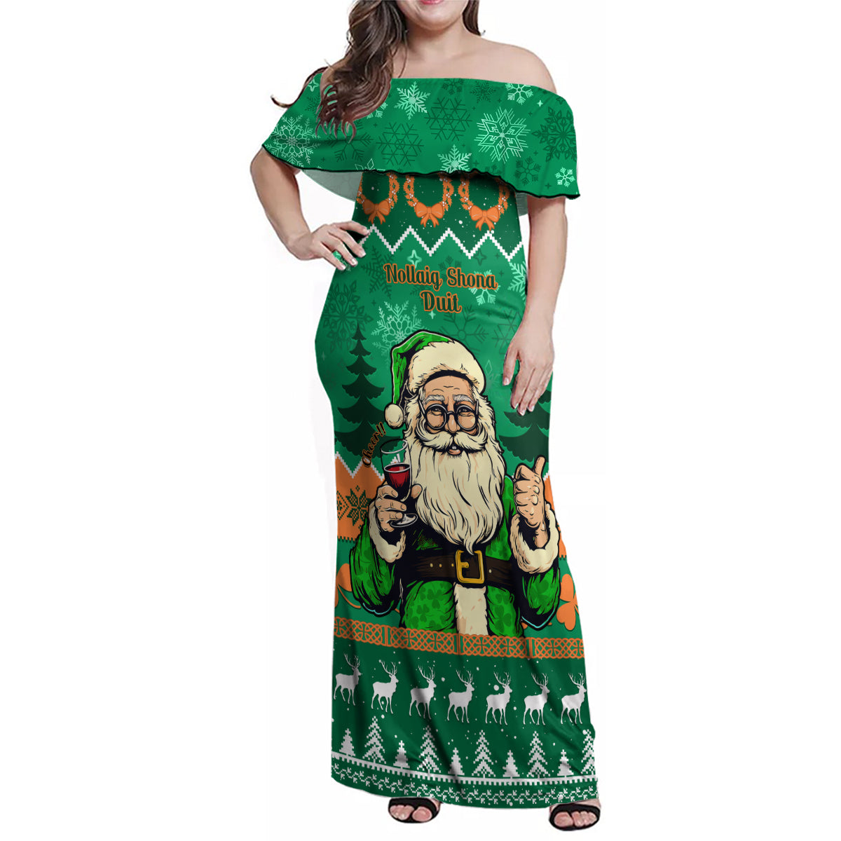 Personalised Ireland Christmas Family Matching Off Shoulder Maxi Dress and Hawaiian Shirt Irish Santa Claus Nollaig Shona Duit - Wonder Print Shop