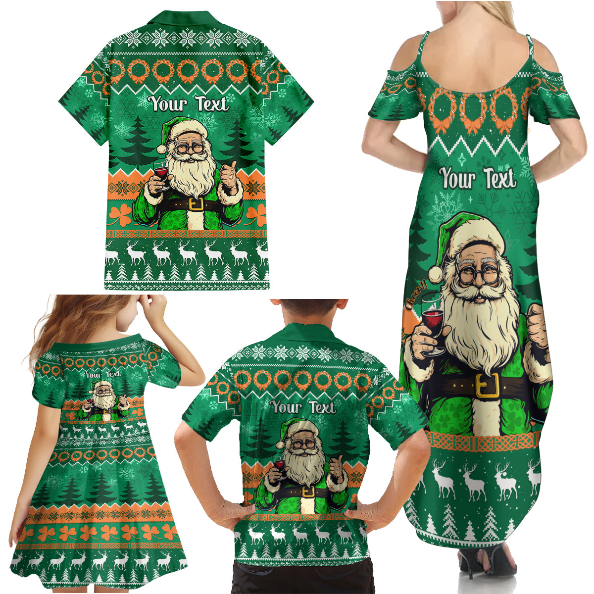 Personalised Ireland Christmas Family Matching Summer Maxi Dress and Hawaiian Shirt Irish Santa Claus Nollaig Shona Duit - Wonder Print Shop