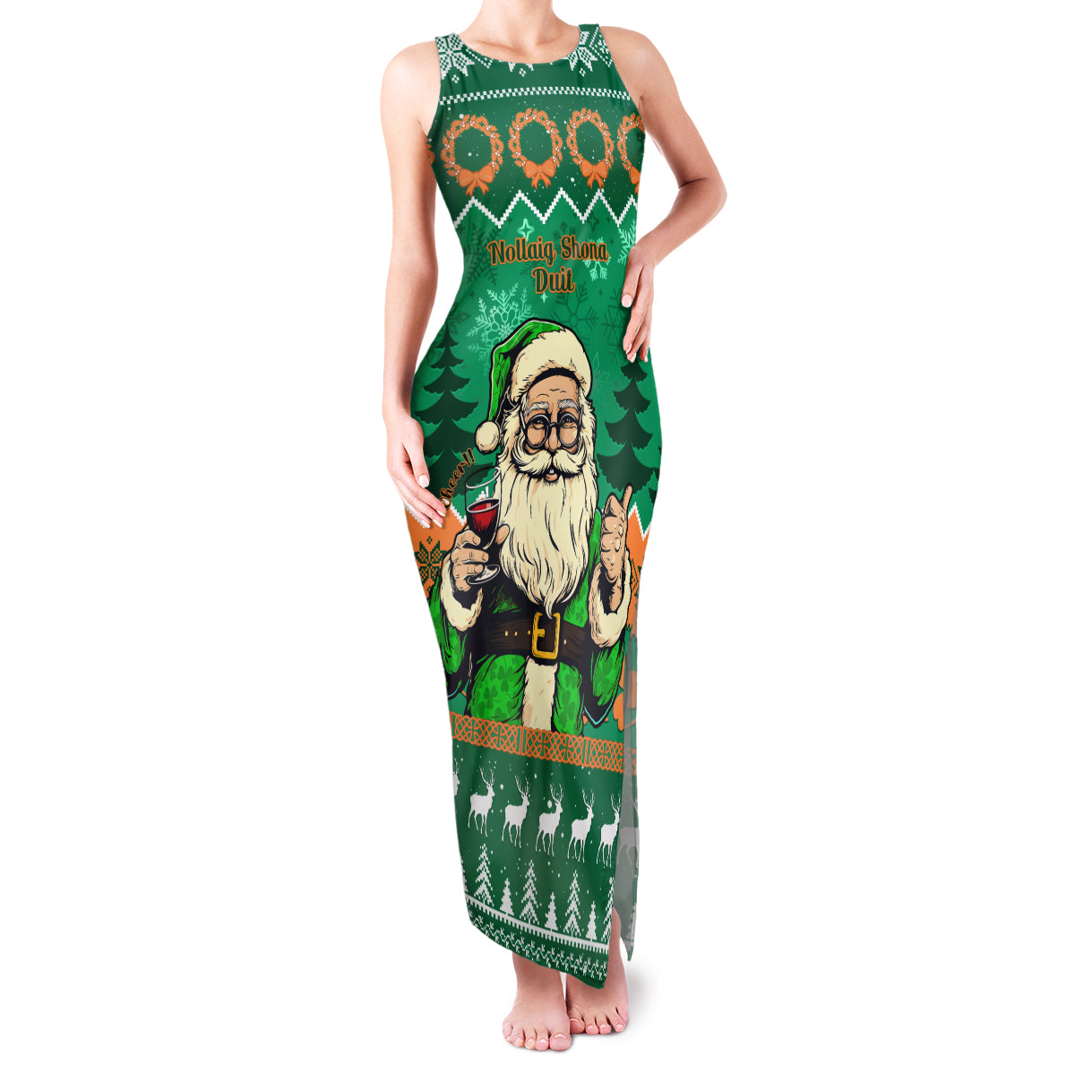 Personalised Ireland Christmas Family Matching Tank Maxi Dress and Hawaiian Shirt Irish Santa Claus Nollaig Shona Duit - Wonder Print Shop